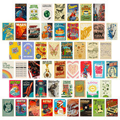 50張復古插畫牆面裝飾卡片跨境復古手帳素材明信片賀卡家居牆面卡