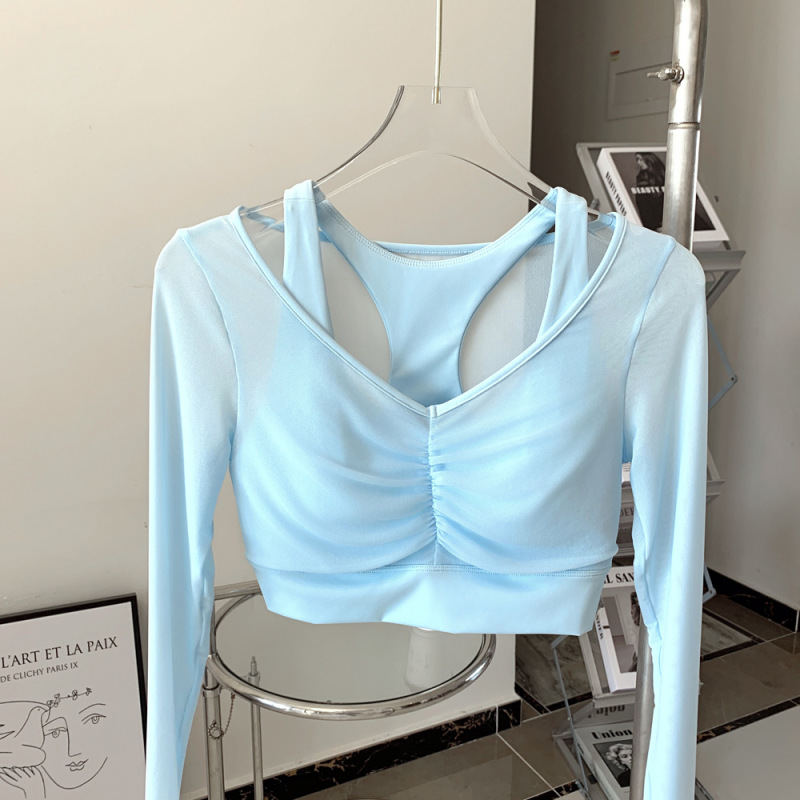 2025 新製品偽ツーピースメッシュヨガウェア Tシャツ女性の長袖通気性痩身フィットネスピラティストップ|undefined