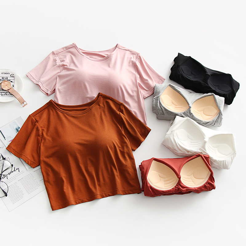 Women's Modal Navel-exposed Short-sleeved T-shirt with Chest Pad Vest Half-cut Short Top Yoga Underwear Base Shirt Outer Wear