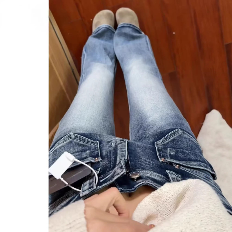 Light Blue Washed Low-Waist Flared Jeans for Women, 2026 Spring New Design, Stylish Slim-Fit Bootcut Pants