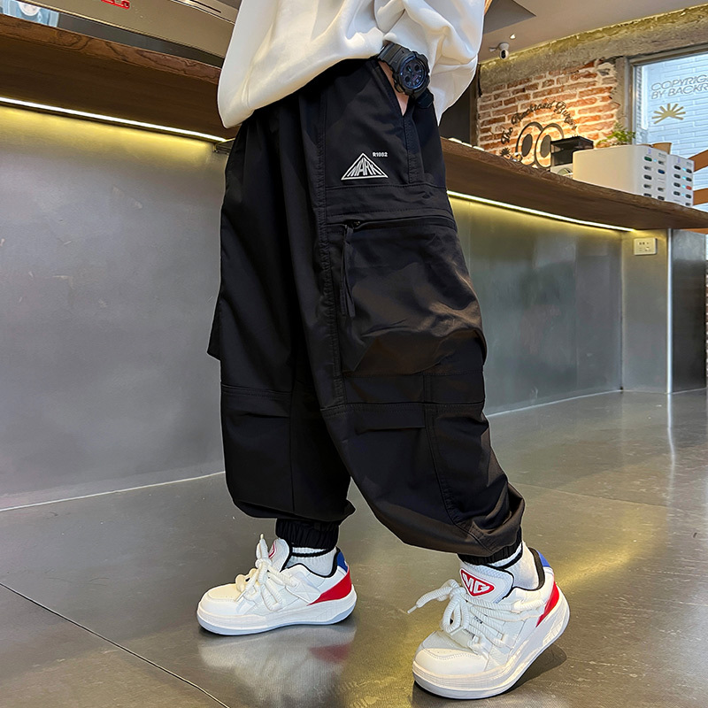 가을 중다 소년 크레인 바지 새로운 어린이 착용 어린이 청소년 캐주얼 바지 느슨한 큰 포켓 유행 머리