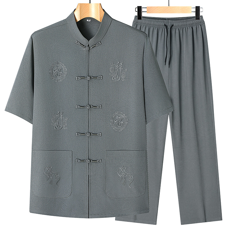 Men's Tang-style summer short-sleeved suit for middle-aged and elderly men, Chinese style embroidered casual shirt, loose fit, thin style.