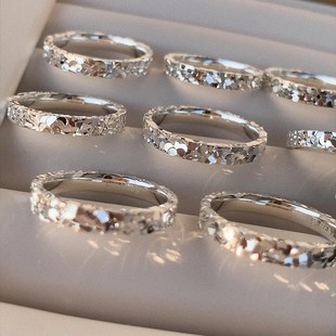 Foot Silver 9999 Three-sided Broken Ice Bing Closed Mouth Ring Women's Light Luxury High-end CNC Seiko Blink Sterling Silver Ring Trend