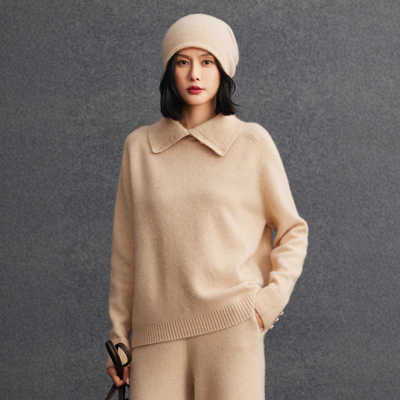 Cashmere Women's Polo Lapel Loose Casual Korean Style Pure Color Knitted Woolen Sweater Casual Bottoming Sweater Cashmere Women's Polo Lapel Loose Casual Korean Style Pure Color Knitted Woolen Sweater Casual Bottoming Sweater