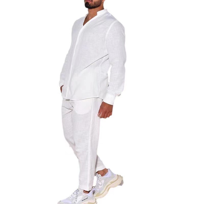001 Grenzüberschreitender europäischer und amerikanischer Herren-Leinenanzug für den Herbst, lässig, mit langen Ärmeln, modisch, Arbeitskleidung, Sportbekleidung_voghion.com
