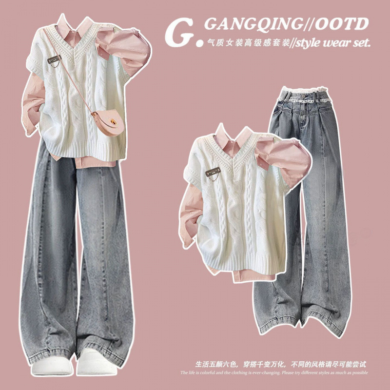 Korean Early Autumn Dopamine Outfit College Style Suit for Women 2025 Autumn Outfit with a Complete Set of Petite Jeans