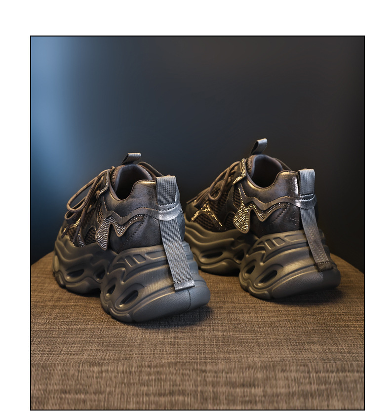 Giày sneaker nữ chunky đế dày tăng chiều cao, đính đá rhinestone, phong cách thể thao — Màu súng chi tiết 20