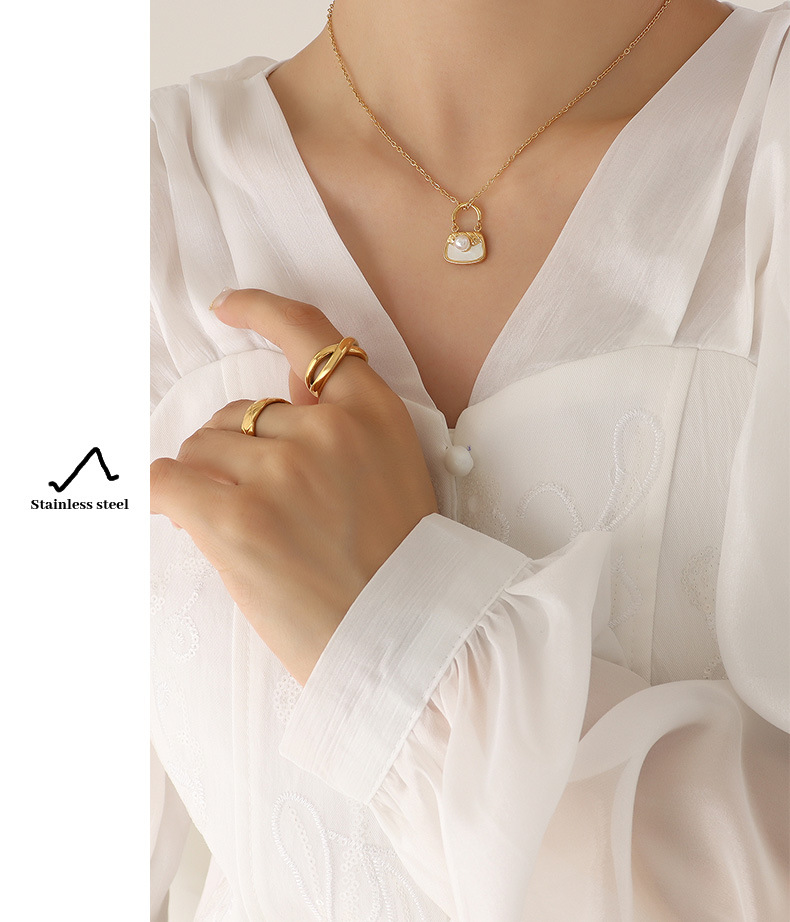 Fashion Bag Titanium Steel Pendant Necklace Artificial Pearls Stainless Steel Necklaces