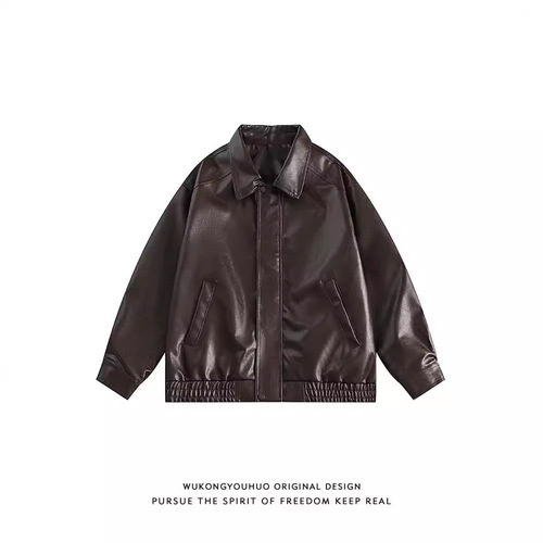 Wukong has goods trendy brand monochrome motorbike jacket for men and women American street loose matchable PU leather Maillard coat