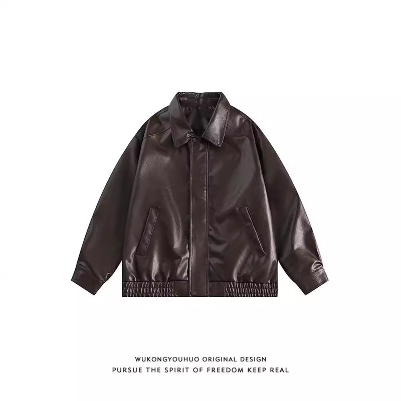 Wukong Trendy Brand Solid Color Motorcycle Jacket for Men and Women American Street Loose All-match PU Leather Maillard Jacket