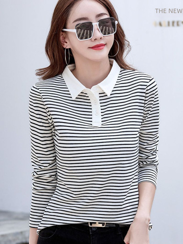 416 Spring New Long-Sleeve Striped POLO Collar Basic Top Women Korean/Japanese Casual Versatile T-shirt Slimming