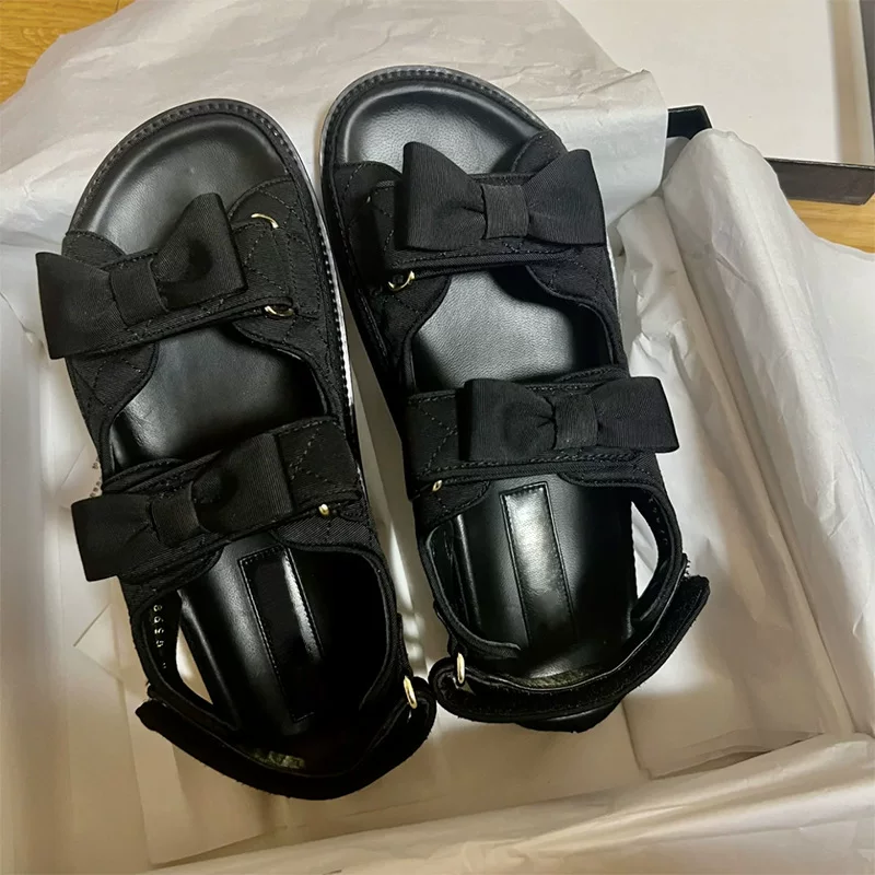 Summer beach universal beach footwear with bow with velcro, sandals, Chanel style, genuine leather
