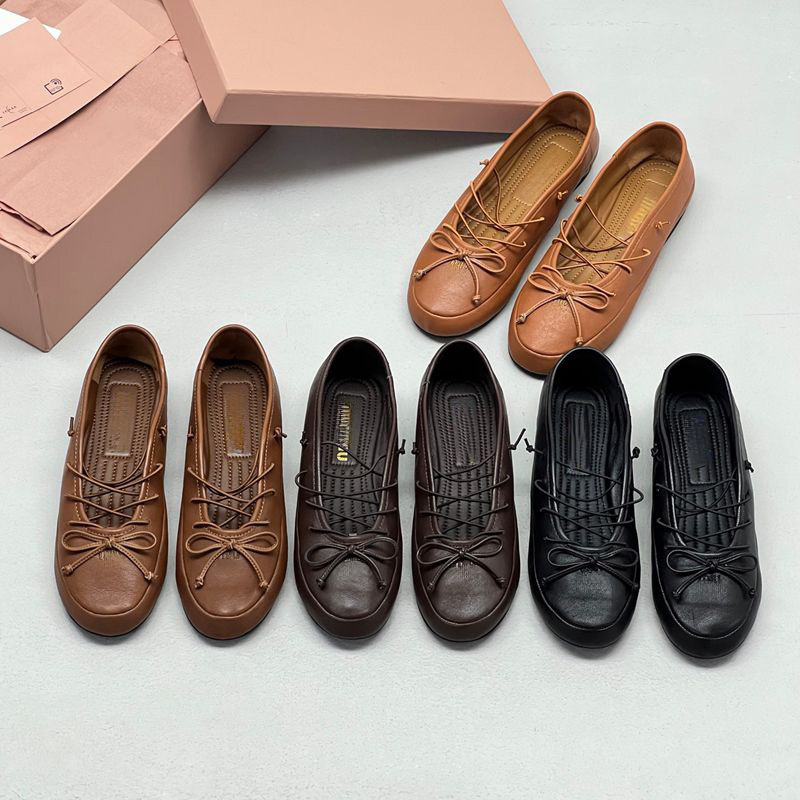 Top-Quality Dongguan Product! Miu's New French Retro Genuine Leather Lace-Up Ballet Shoes, Comfortable Slip-On Casual Leather Shoes