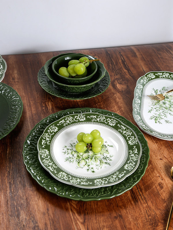 French Baroque Dinner Plate Green Embossed Bowl and Plate Set Western-Style Dinner Plate Retro Ceramic Plate Salad Plate Soup Bowl Plate