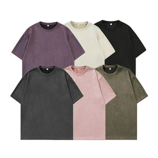 Helu Men's Clothing Textured Suede Short-Sleeved T-Shirt for Men and Women, Summer Trendy Brand Loose Couple Pure Color T-Shirt Q
