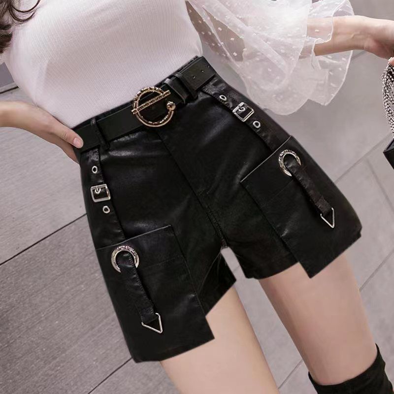 Women's Korean-Style Leather Shorts for Outerwear, Winter and Autumn 2025 New High-Waisted Slimming Fashion Versatile Wide-Leg Pu Leather Shorts Boot Shorts