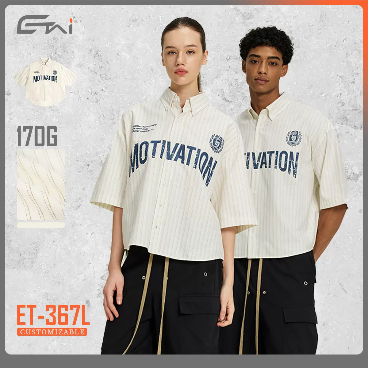 ETAI男装复古休闲条形衬衫短袖外套短宽版型男士衬衫青少年潮牌