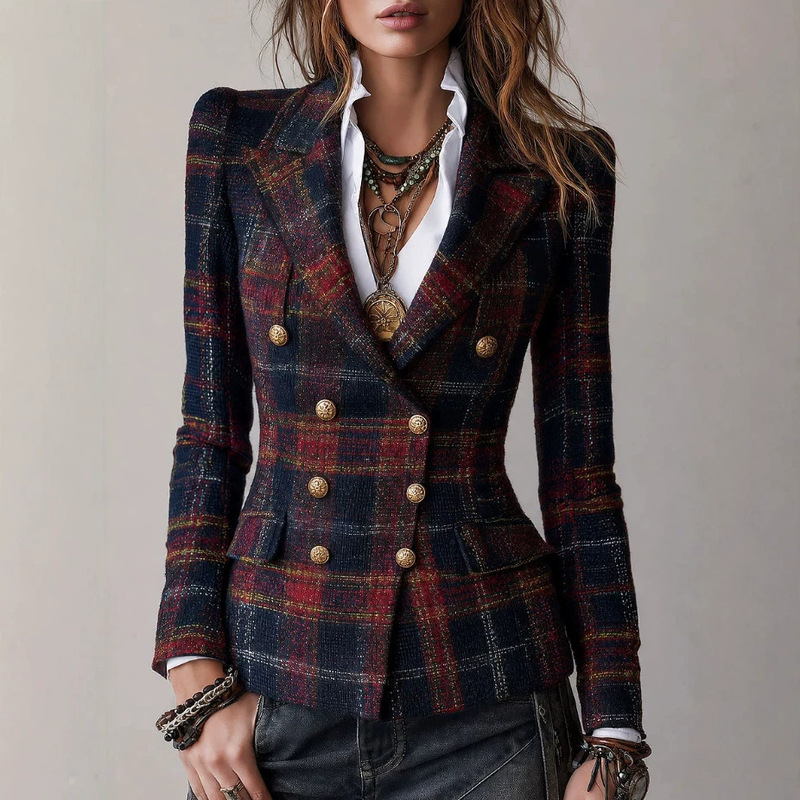 Cross-border plaid blazer for women, suitable for commuting in autumn and winter, slim-fit, vintage woolen small blazer, plaid women's suit Cross-border plaid blazer for women, suitable for commuting in autumn and winter, slim-fit, vintage woolen small blazer, plaid women's suit