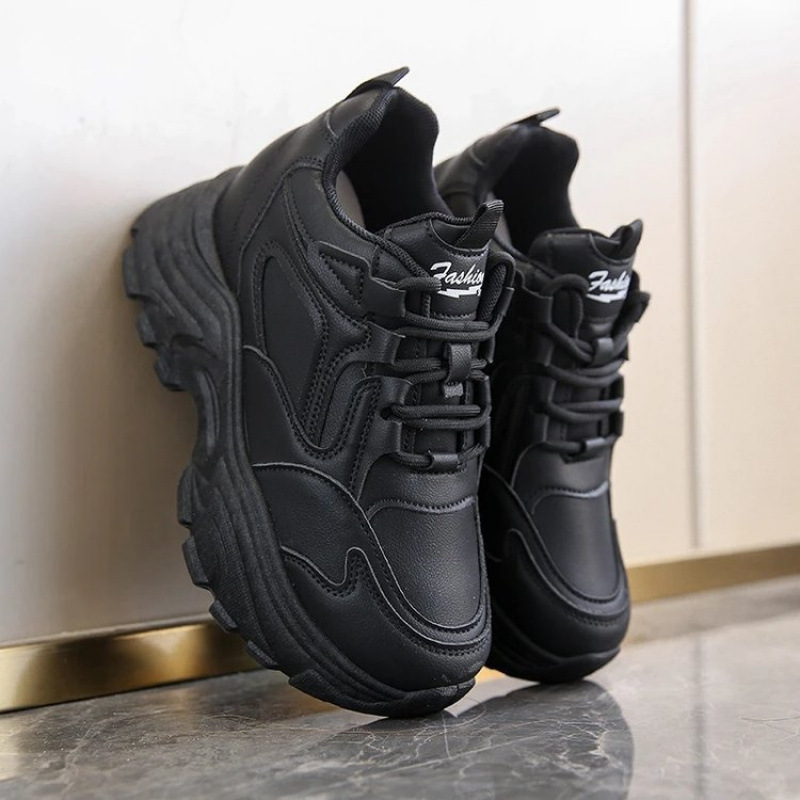 Women's Leather Mid-Top Fleece-Lined Sneakers 2025 Winter New Lace-Up Running Shoes Solid Color Versatile Dad Shoes Women's Leather Mid-Top Fleece-Lined Sneakers 2025 Winter New Lace-Up Running Shoes Solid Color Versatile Dad Shoes