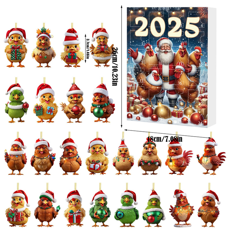 跨境2025圣诞倒计时日历盲盒 小鸡亚克力平面挂件圣诞树布置挂饰|undefined
