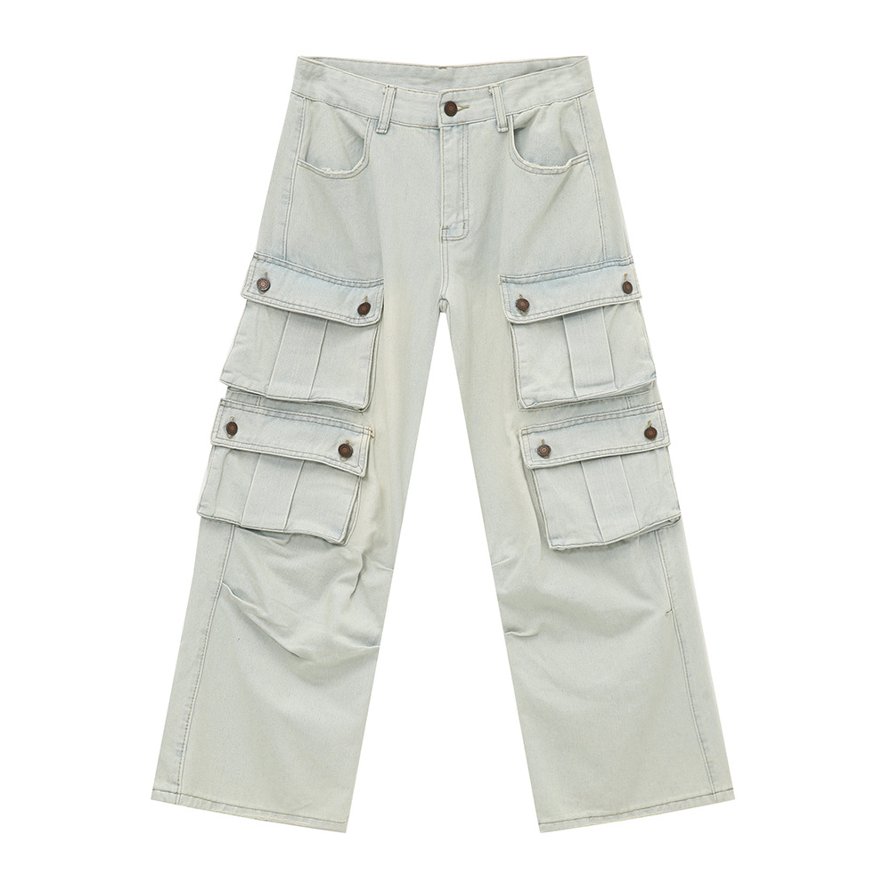 MTLCLOTHES Hombres| 2024 otoño nuevo color claro lavado con agua de bolsillo vaquero herramientas de piernas de cocina