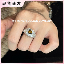 法式布契风手工拉丝指环S925纯银拉丝琥珀戒指高级感开口小众百搭