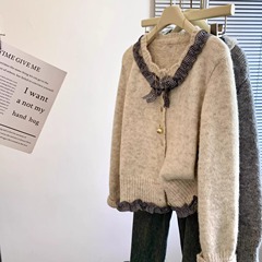 グレーのデザイン感韓系格子襟蝶結びセーターカーディガン