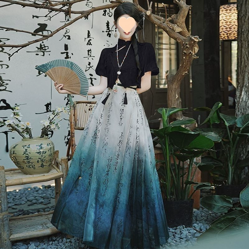 Женский костюм больших размеров в китайском стиле, повседневный женский костюм династии Хань для взрослых, толстая девушка, топ в китайском стиле, юбка с лошадиной лицом, летний новый стиль