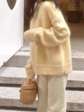 奶黄色马海毛套头毛衣女春夏小个子宽松慵懒风针织衫加厚圆领上衣