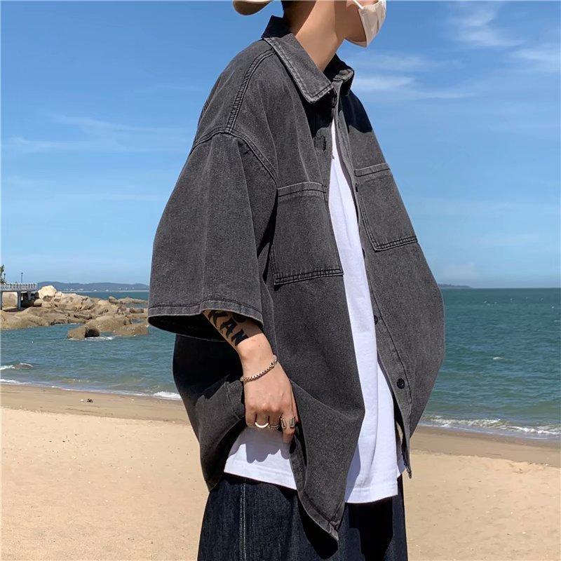 Denim Short-sleeved Shirt Men's Hong Kong-style Tooling Retro Loose Shirt Instagram Popular Brand Fashionable Loose Seven-sleeved Jacket