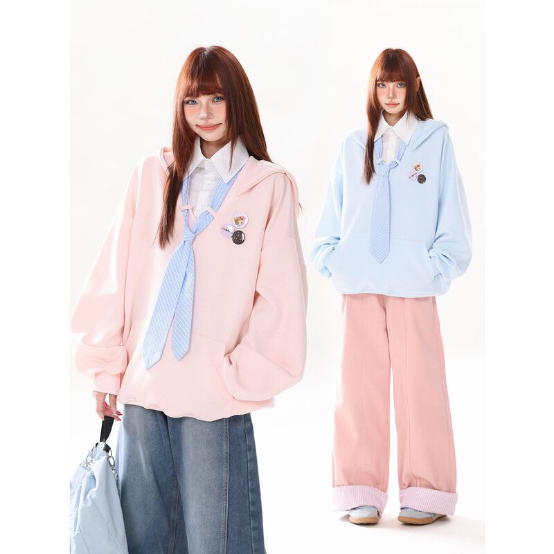 2026 New College Style Tie Faux Two-Piece Thin Sweatshirt for Women, Autumn and Winter Color-Block Loose Polo Collar Top for Women