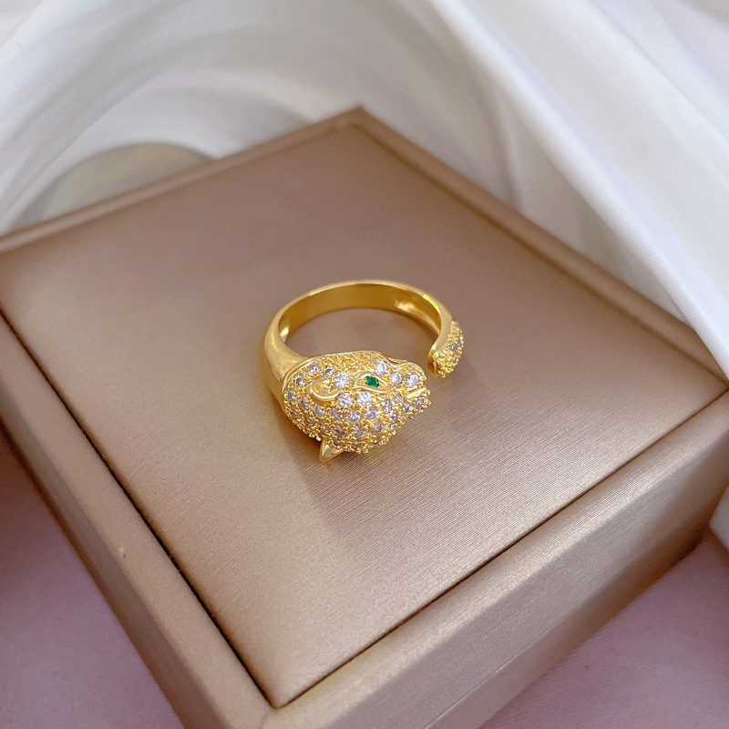 【Oro vero】 Testa di leopardo dell'industria pesante con diamante pieno R con coppia R con decorazione a mano semplice aperta regolabile_voghion.com