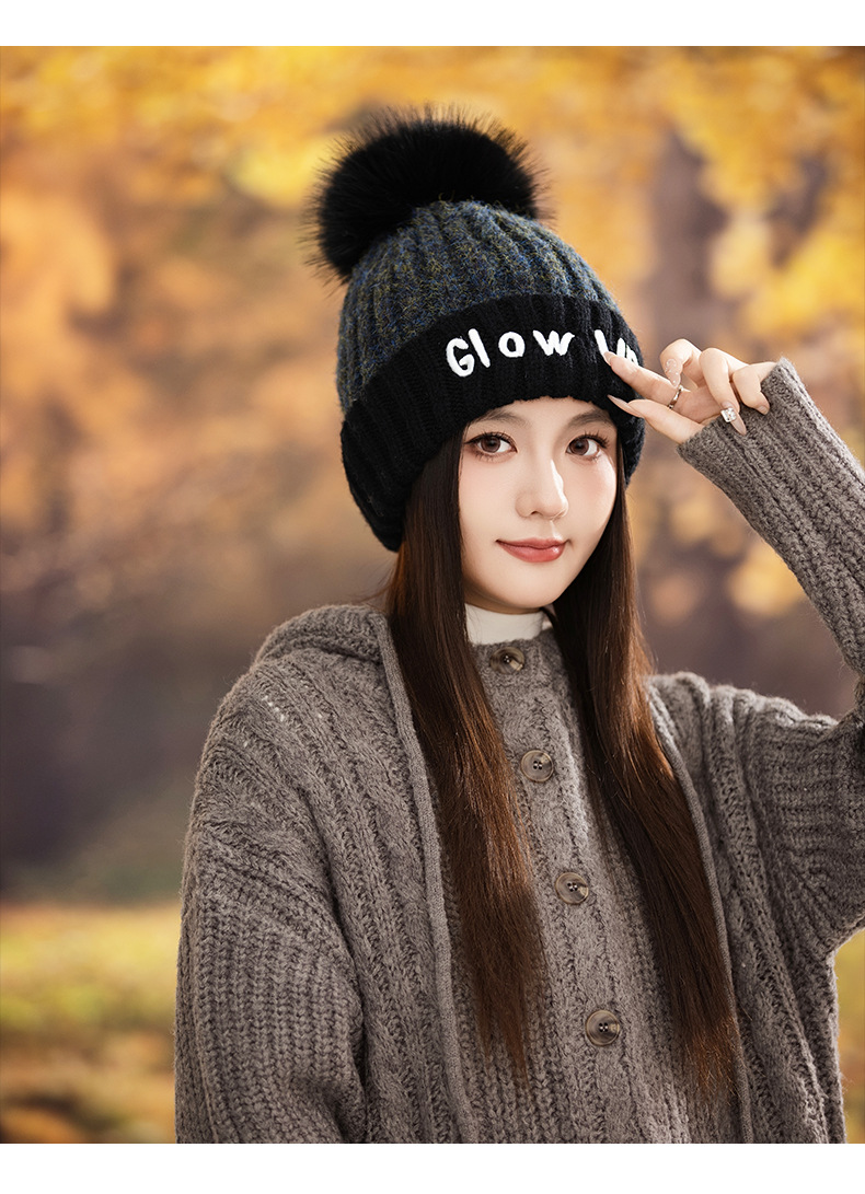 Gorro de lana de punto con bordado de letras inglesas, versátil, bonito y cálido, ideal para otoño e invierno. Con pompón. Estilo coreano._voghion.com