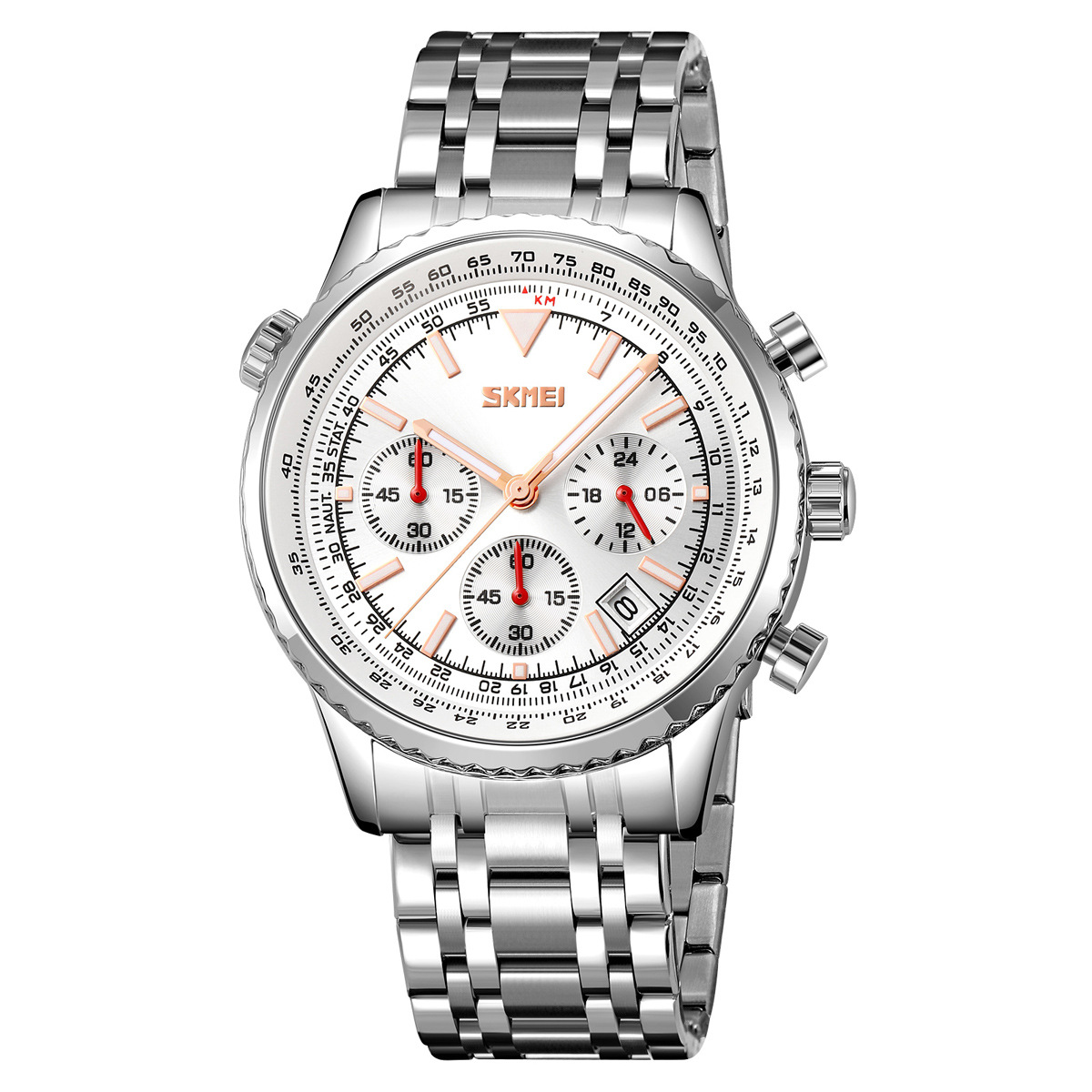 Momento de belleza multifuncional para hombres calendario de forma de cuarzo tres ojos seis agujas correa de acero relojes de negocios relojes de pulsera transfronterizos al por mayor