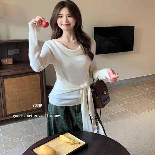 Pure Desire Series Spicy Girl Fashion Style Trendy Top Spring New Square Neck Belted Slimming Solid Color Versatile Knitwear