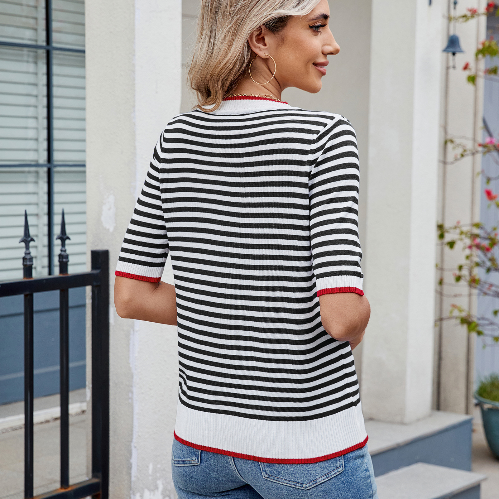 Women Clothing Summer Stripe Knitted T shirt Short Sleeve Ice Silk Contrast Color British College