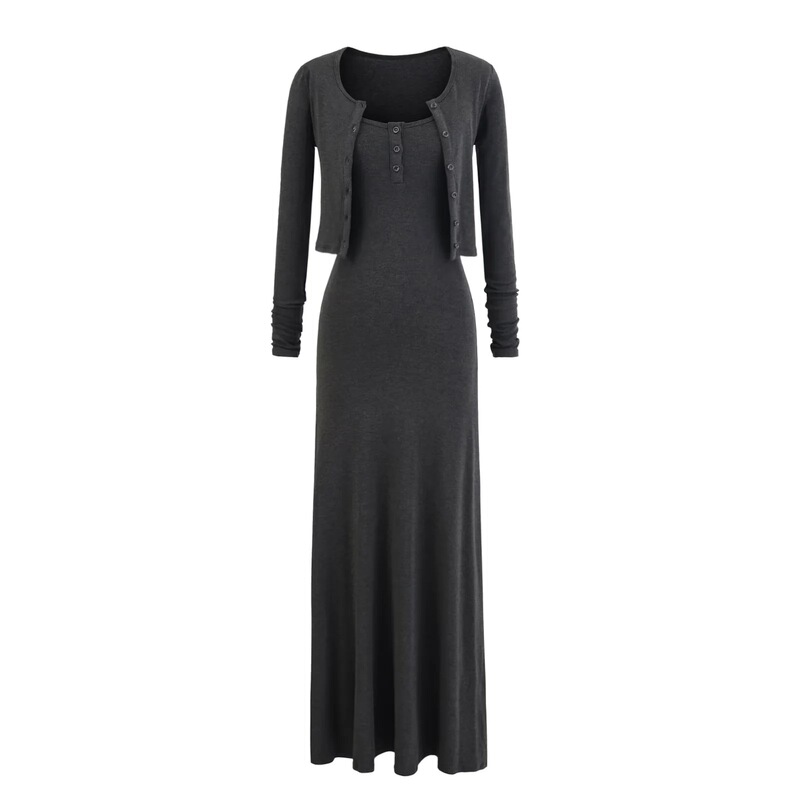 European and American Style Spicy Waistline Slimming Mid-Length Suspender Dress Women's Slim Cardigan Knitted Jacket Two-Piece Set
