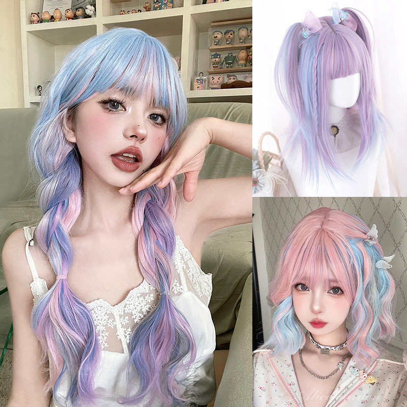 Wig Female Long Hair Lolita Pink Rainbow Mixed Color Highlighted Long Curly Hair Macron Mixed Color Wig Set Wholesale