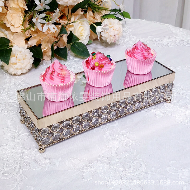 清仓促销蛋糕架电镀金色铁艺蛋糕方托盘甜品台西点摆盘水晶八角珠