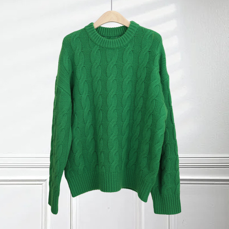 무거운 게으른 스타일 크루 넥 긴팔 스웨터 두껍게 꼬인 양모 스웨터 풀오버 느슨한 아웃웨어 여성용 레트로 니트 스웨터