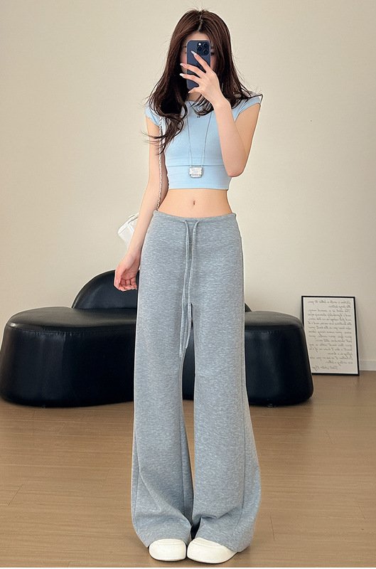 灰色直筒运动裤女2025秋季新款羚羊绒美式休闲卫裤高腰显瘦阔腿裤|undefined