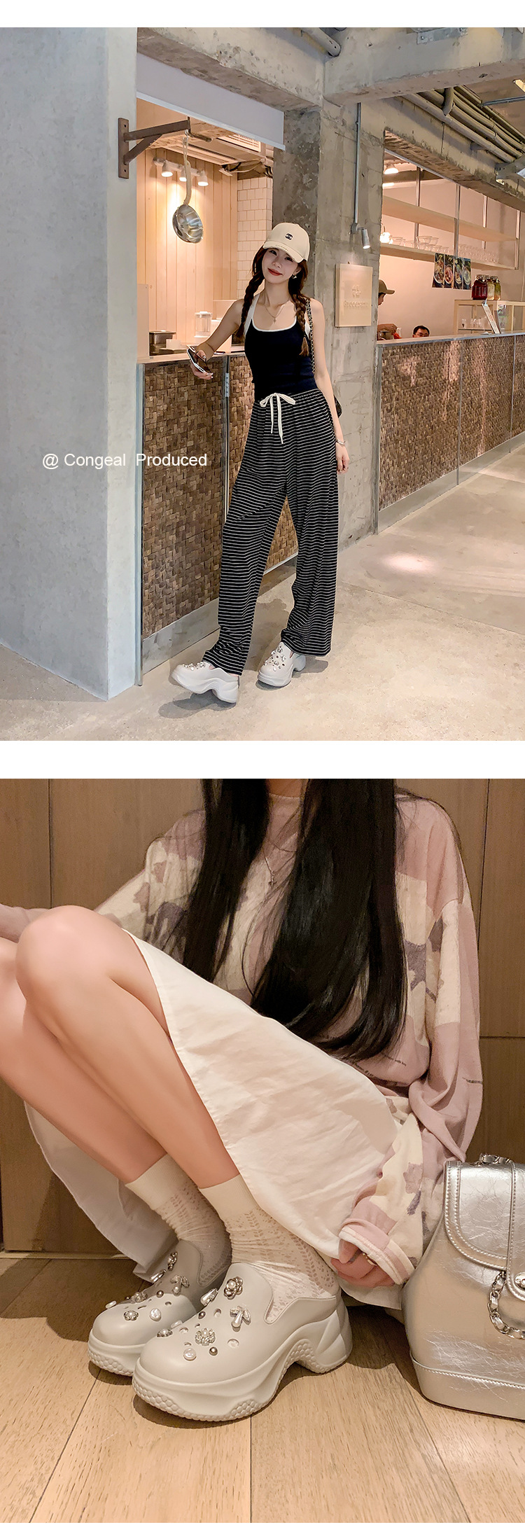 Dép lê bít mũi độn cao da thật 7cm cho nữ, phong cách sandal lỗ xốp mùa hè, đính ngọc trai đinh tán — Màu trắng, Màu xám chi tiết 24