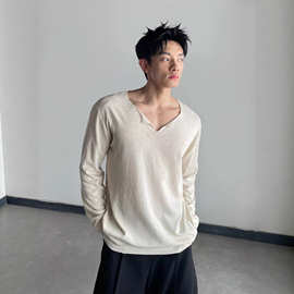 V领长袖T恤男春秋新款韩系轻熟纯色透气针织体恤宽松阔版休闲上衣