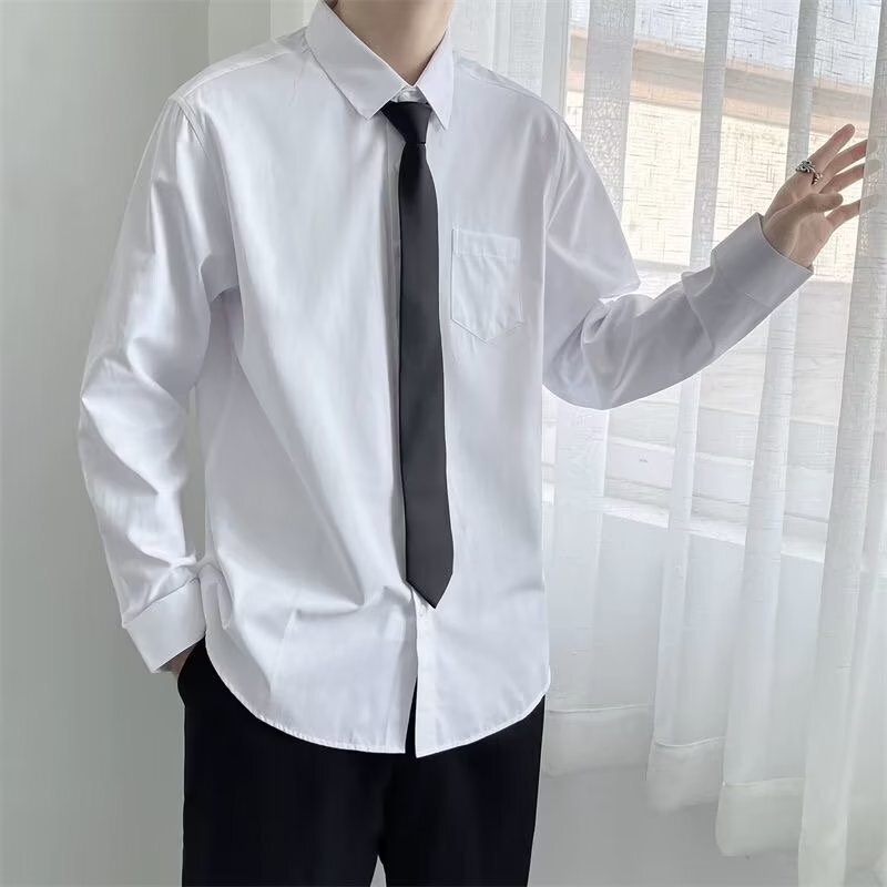 White Long Sleeve Shirt Men's Japanese Fashion Brand Fried Street Fashion Loose Solid Color Shirt for Tie Couple Dk Uniform White Long Sleeve Shirt Men's Japanese Fashion Brand Fried Street Fashion Loose Solid Color Shirt for Tie Couple Dk Uniform