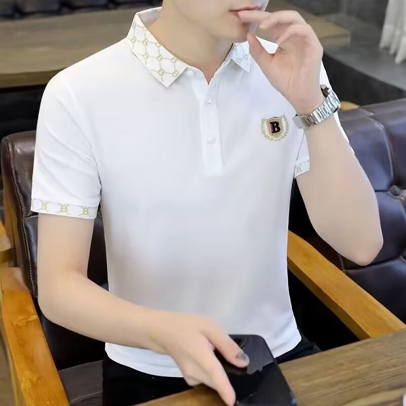Camisa de polo de los hombres de manga corta Camiseta solapa de los hombres de verano superior 2023 verano negocio bordado de color cuello alto elástico slim fit