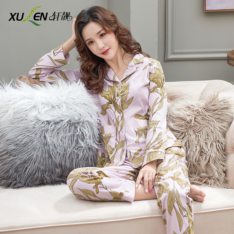 Pijamas de las mujeres primavera y otoño primavera manga larga 100% algodón Delgado homewear más tamaño suelto traje de mamá de mediana edad