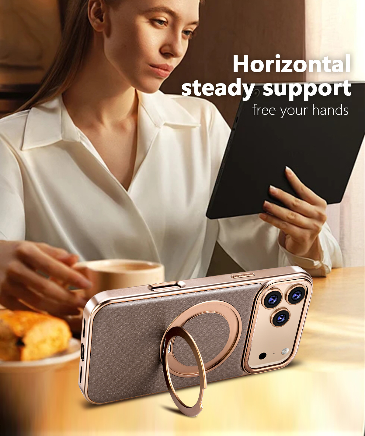 Ốp lưng da iPhone có giá đỡ xoay 360 độ, chống sốc viền dày — đen, xám, màu nâu, quả cam chi tiết 11