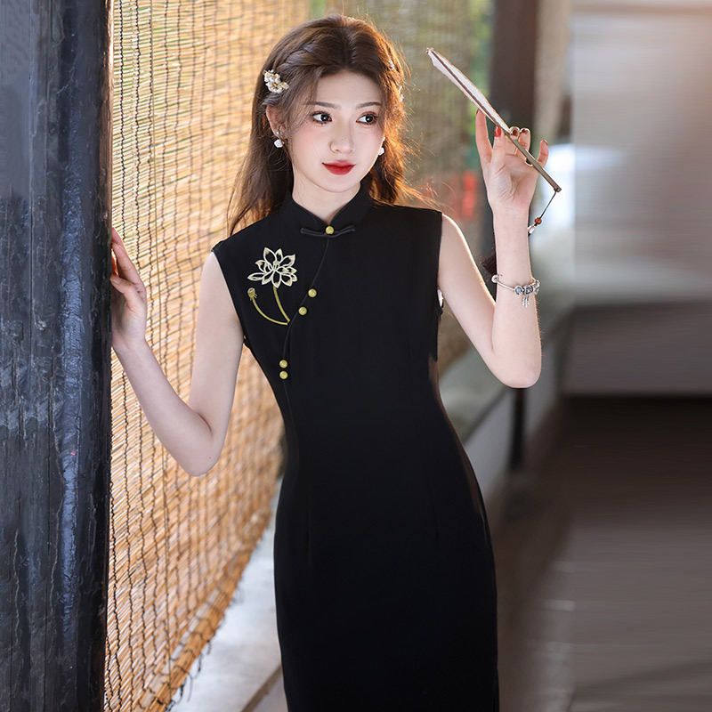 Black long lightweight retro summer cheongsam sleevless