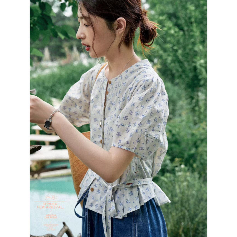 White Drawing Workshop "On Rose Lake" - 100-Thread Count Long-Staple Cotton Designer Niche Floral Shirt for Women
