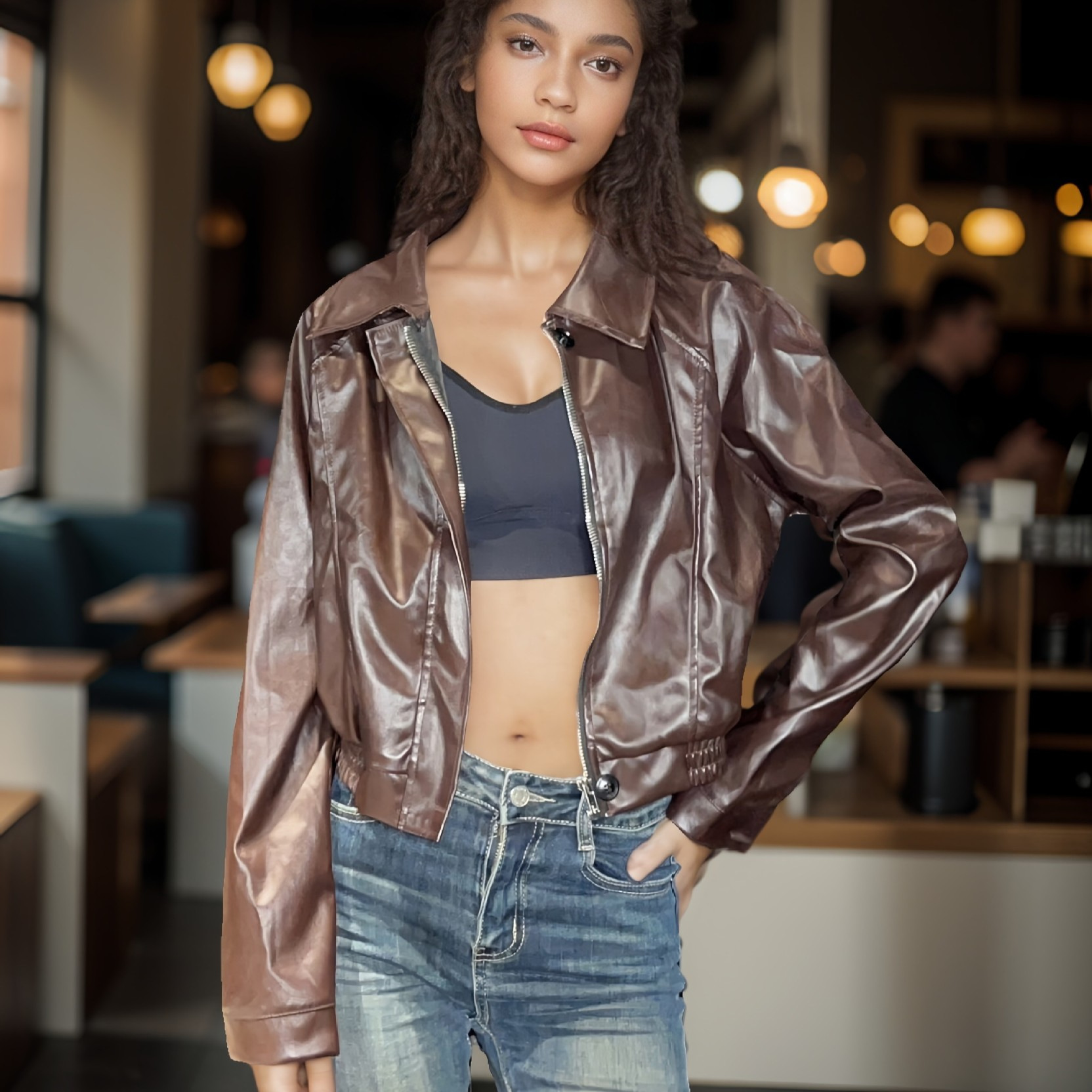 秋新款美拉德风皮衣女机车服开衫休闲夹克欧美时尚流行日常外套